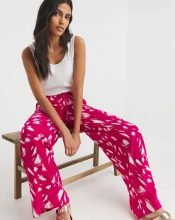 Pink Print Spun Viscose Pull On Wide Leg Trouser