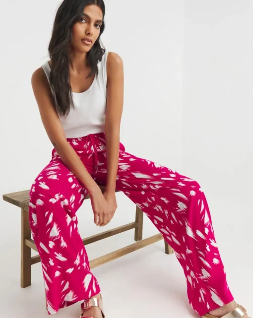 Pink Print Spun Viscose Pull On Wide Leg Trouser