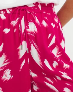 Pink Print Spun Viscose Pull On Wide Leg Trouser