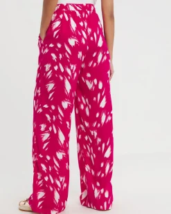 Pink Print Spun Viscose Pull On Wide Leg Trouser