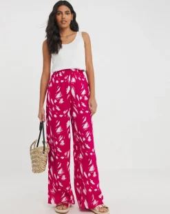Pink Print Spun Viscose Pull On Wide Leg Trouser