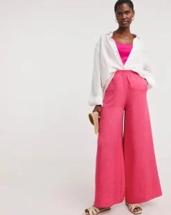 Pink Textured Wide Leg Palazzo Trousers