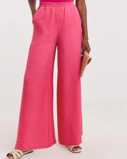 Pink Textured Wide Leg Palazzo Trousers