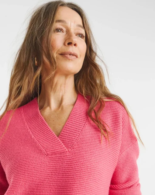 Pink V Neck Curved Hem Jumper