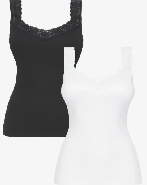 Pretty Secrets 2 Pack Lace Trim Vests White/Black