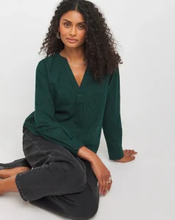 Printed Brushed Cotton V Neck Long Sleeve Blouse
