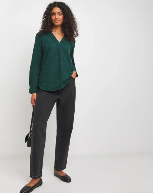 Printed Brushed Cotton V Neck Long Sleeve Blouse