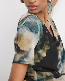 Printed Mesh Half Sleeve Top