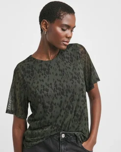 Printed Mesh V-Neck Angel Sleeve Top