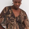 Printed Mesh V-Neck Angel Sleeve Top