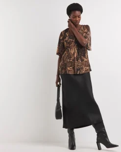 Printed Mesh V-Neck Angel Sleeve Top