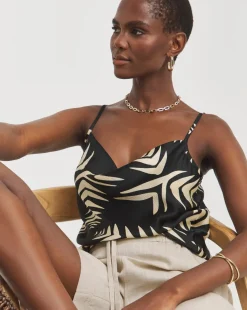 Printed Satin Cowl Neck Strappy Cami