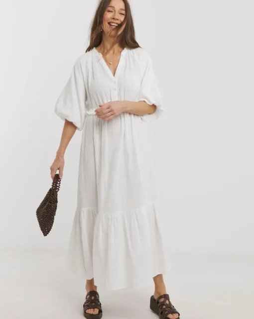 Pure Cotton Textured Bubble Sleeve Maxi Dress