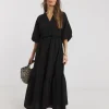 Pure Cotton Textured Bubble Sleeve Maxi Dress