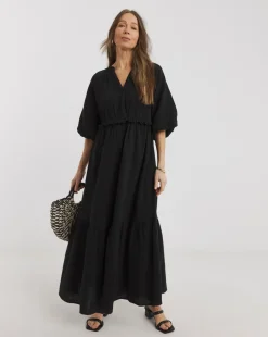 Pure Cotton Textured Bubble Sleeve Maxi Dress