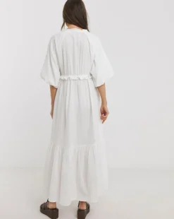 Pure Cotton Textured Bubble Sleeve Maxi Dress