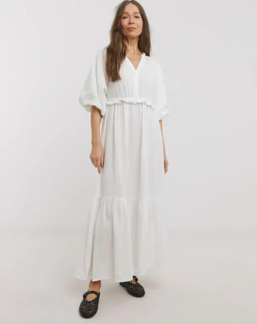 Pure Cotton Textured Bubble Sleeve Maxi Dress