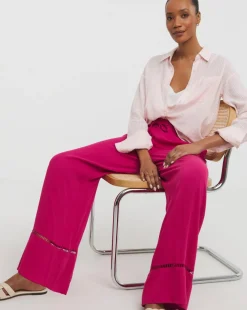 Raspberry Crinkle Shirred Waist Wide Leg Trousers