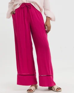 Raspberry Crinkle Shirred Waist Wide Leg Trousers