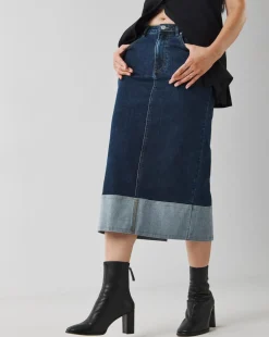 Raw Indigo Stretch Turn Up Midi Denim Skirt