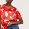 Red Floral Print V Neck Satin Front Top