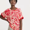 Red Print Woven Front Longline Curved Hem Top