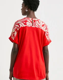 Red Print Woven Front Longline Curved Hem Top