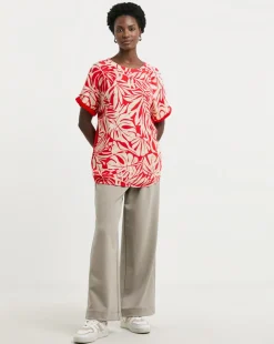 Red Print Woven Front Longline Curved Hem Top