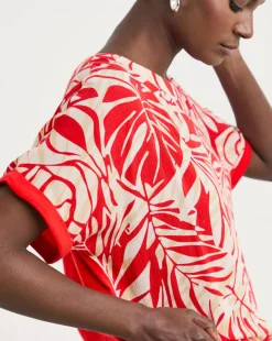 Red Print Woven Front Longline Curved Hem Top