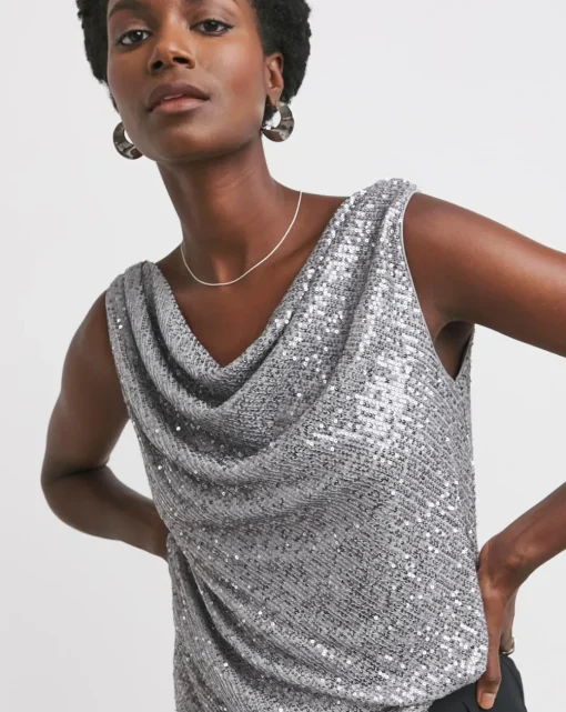 Silver Cowl Neck Sequin Vest