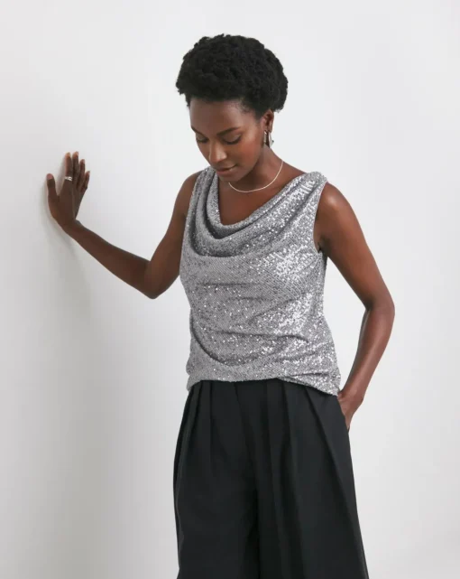Silver Cowl Neck Sequin Vest