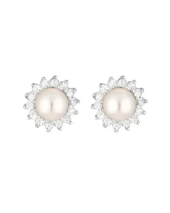 Simply Silver Sterling Silver 925 Pearl And Cubic Zirconia Halo Stud Earrings