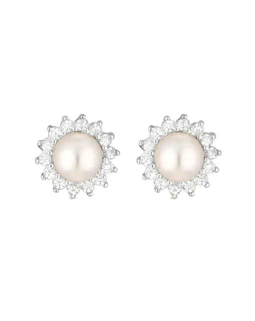 Simply Silver Sterling Silver 925 Pearl And Cubic Zirconia Halo Stud Earrings