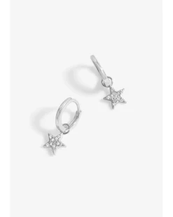 Simply Silver Sterling Silver 925 Pave Star Huggie Hoop Earrings