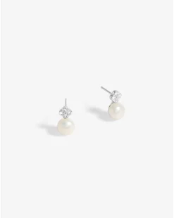 Simply Silver Sterling Silver 925 Cubic Zirconia Clover and Pearl Drop Studs