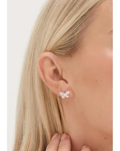 Simply Silver Sterling Silver 925 Polished and Pave Butterfly Stud Earrings