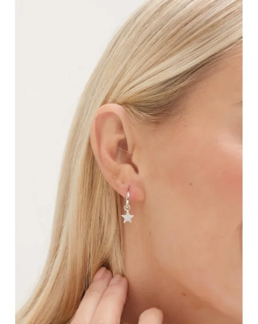 Simply Silver Sterling Silver 925 Pave Star Huggie Hoop Earrings