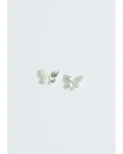 Simply Silver Sterling Silver 925 Polished and Pave Butterfly Stud Earrings