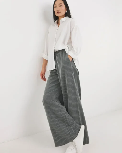 Soft Pull On Grey Pinstripe Wide Leg Trousers