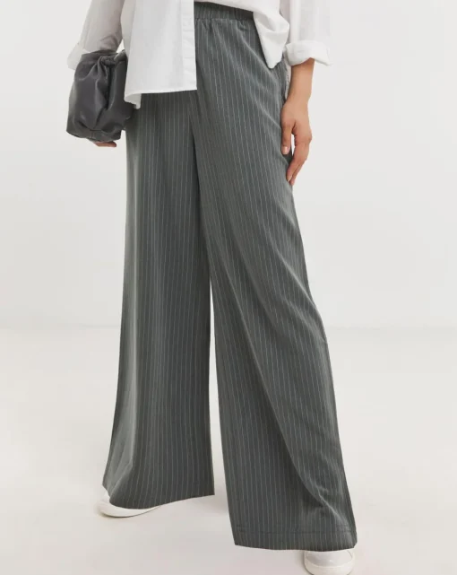 Soft Pull On Grey Pinstripe Wide Leg Trousers