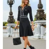 Sosandar Black and White Contrast Trim Zip Front Fit and Flare Jersey Dress