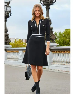 Sosandar Black and White Contrast Trim Zip Front Fit and Flare Jersey Dress