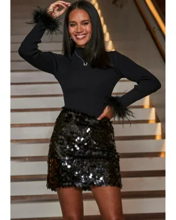 Sosandar Black Feather Cuff Ribbed Jumper