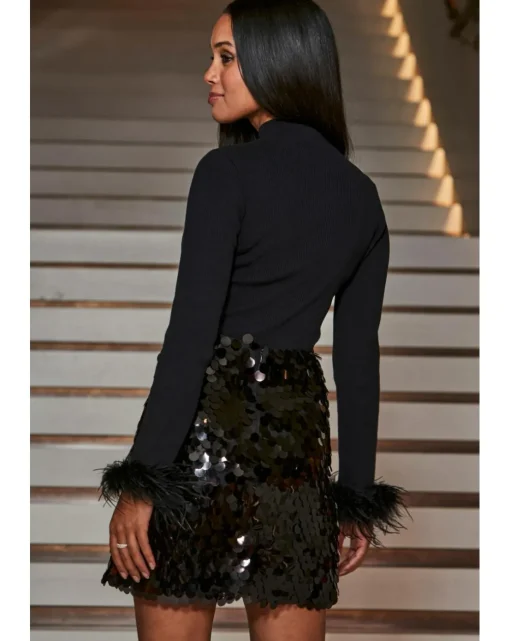 Sosandar Black Feather Cuff Ribbed Jumper