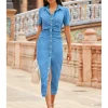 Sosandar Mid Blue Panelled Detail Button Front Denim Dress