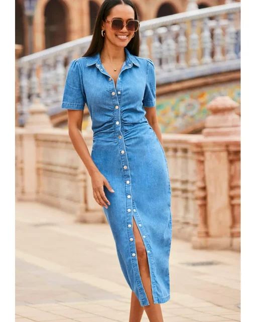 Sosandar Mid Blue Panelled Detail Button Front Denim Dress