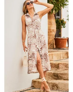 Sosandar Natural Zebra Print Sleeveless Jersey Shirt Dress