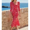 Sosandar Red Spot Print Twost Front Ruched Sleeve Fit and Flare Dress