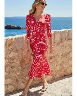 Sosandar Red Spot Print Twost Front Ruched Sleeve Fit and Flare Dress