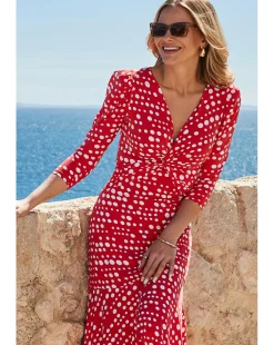 Sosandar Red Spot Print Twost Front Ruched Sleeve Fit and Flare Dress